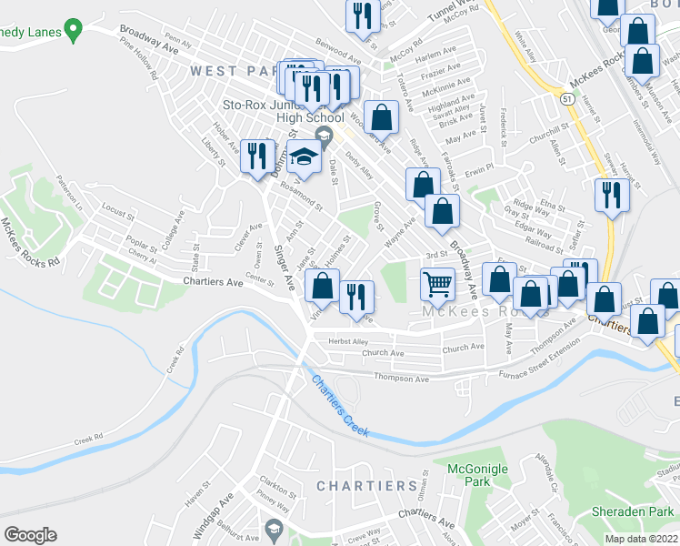 map of restaurants, bars, coffee shops, grocery stores, and more near 1234 Vine St in McKees Rocks