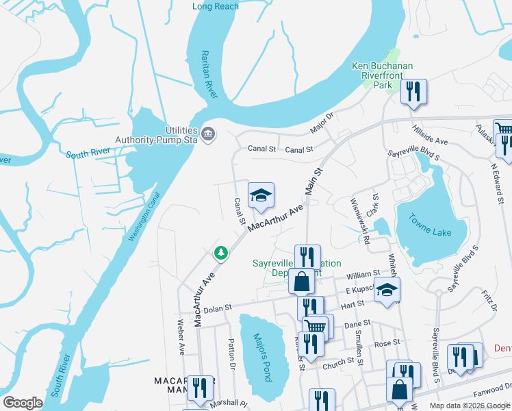 map of restaurants, bars, coffee shops, grocery stores, and more near 221 Macarthur Avenue in Sayreville