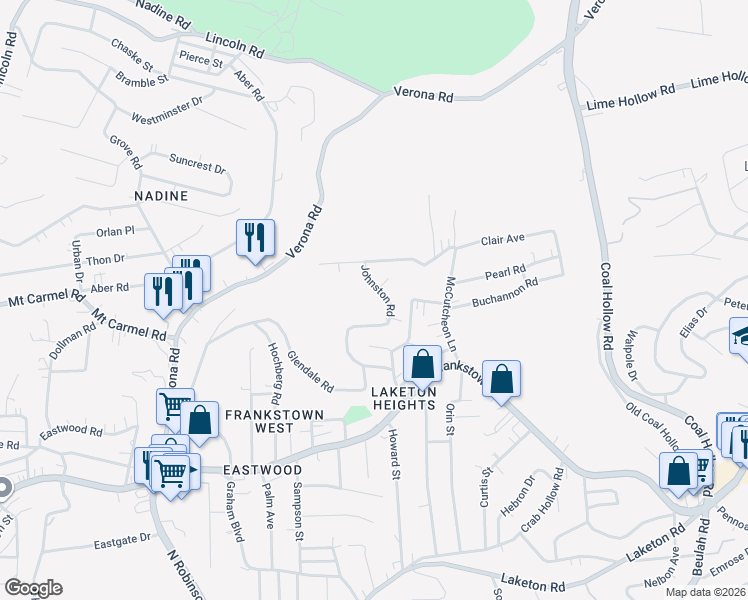 map of restaurants, bars, coffee shops, grocery stores, and more near 414 Johnston Rd in Penn Hills