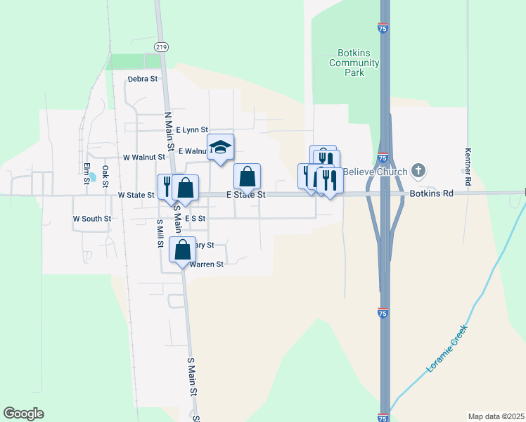 map of restaurants, bars, coffee shops, grocery stores, and more near 402 East South Street in Botkins