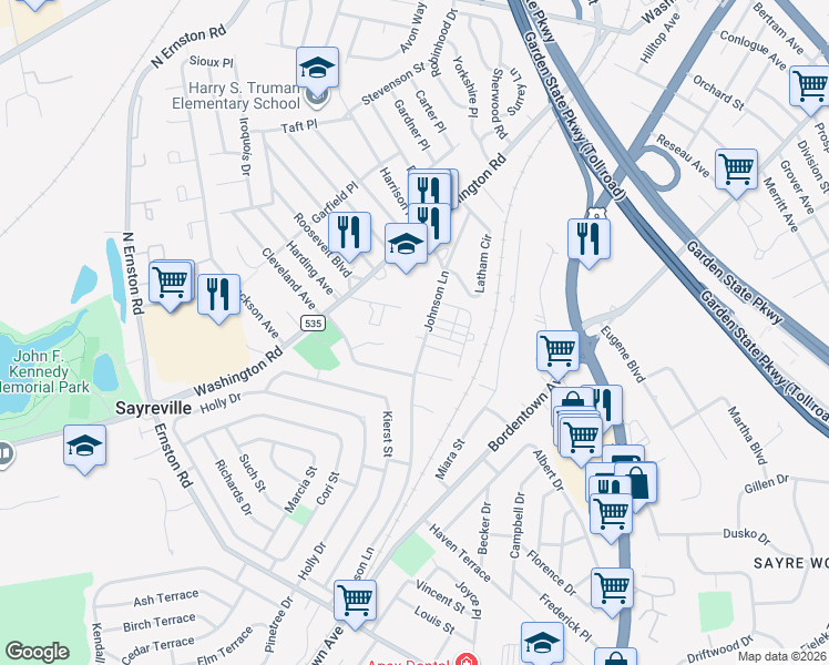 map of restaurants, bars, coffee shops, grocery stores, and more near 219 Johnson Lane in Sayreville