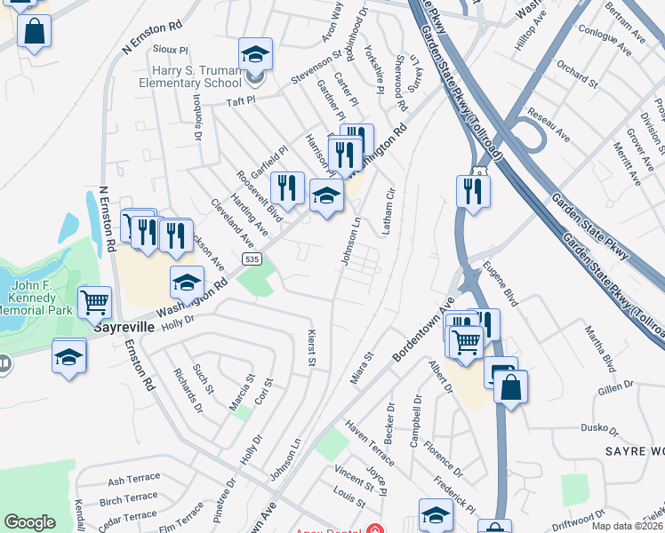 map of restaurants, bars, coffee shops, grocery stores, and more near 219 Johnson Lane in Sayreville