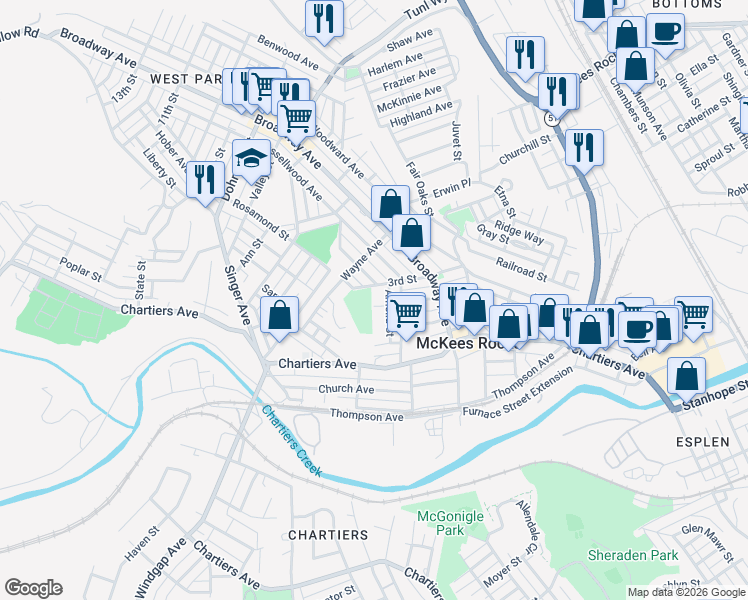 map of restaurants, bars, coffee shops, grocery stores, and more near 1110 Progress Street in McKees Rocks