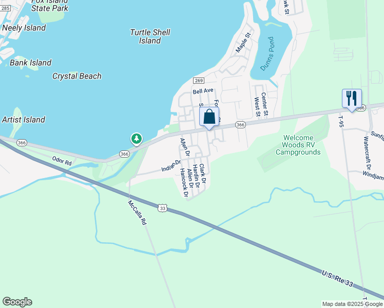 map of restaurants, bars, coffee shops, grocery stores, and more near 7212 Allen Drive in Russells Point