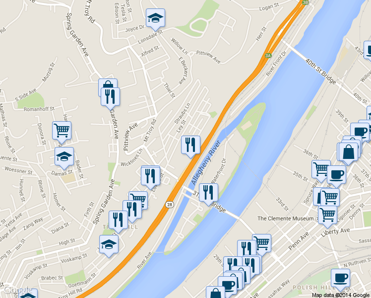 map of restaurants, bars, coffee shops, grocery stores, and more near 1955 Lowrie St in Pittsburgh