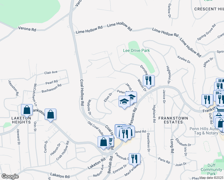 map of restaurants, bars, coffee shops, grocery stores, and more near 309 Jacob Drive in Pittsburgh