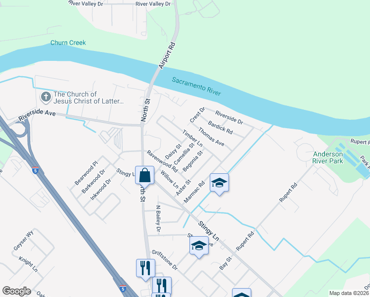 map of restaurants, bars, coffee shops, grocery stores, and more near 3250 Camellia Street in Anderson