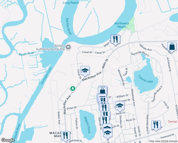 map of restaurants, bars, coffee shops, grocery stores, and more near 221 Macarthur Avenue in Sayreville