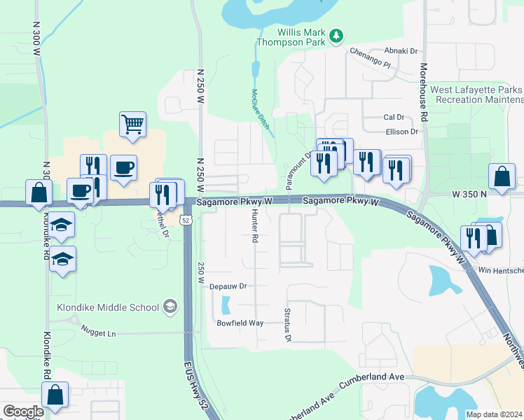 map of restaurants, bars, coffee shops, grocery stores, and more near 2263 U.S. 52 (W) in West Lafayette