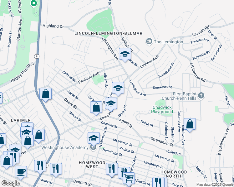 map of restaurants, bars, coffee shops, grocery stores, and more near 1327 Lincoln Avenue in Pittsburgh
