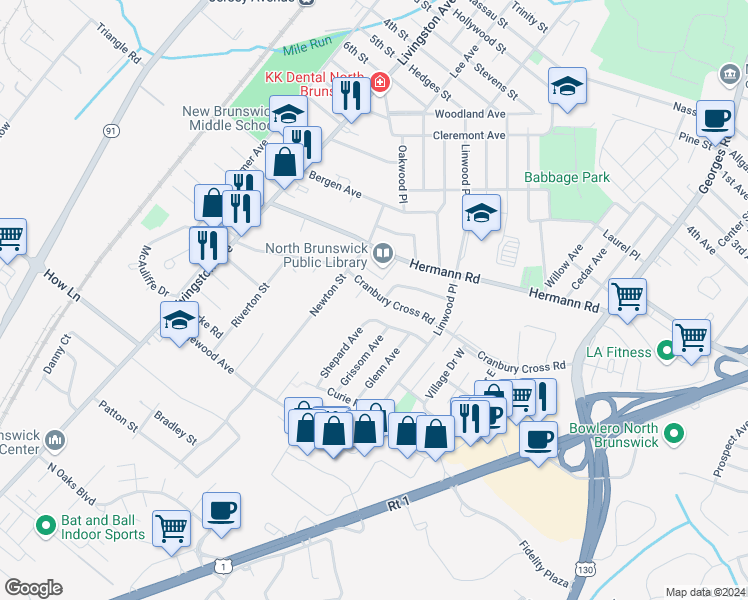 map of restaurants, bars, coffee shops, grocery stores, and more near 826 Cranbury Cross Road in North Brunswick Township