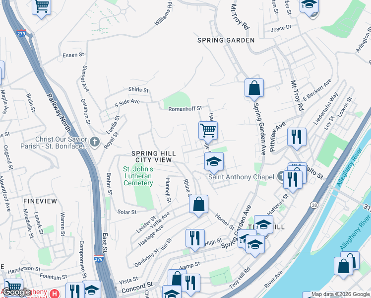 map of restaurants, bars, coffee shops, grocery stores, and more near 1305 Rescue Street in Pittsburgh