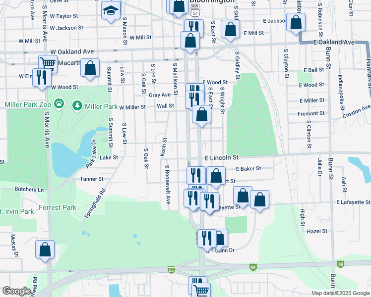 map of restaurants, bars, coffee shops, grocery stores, and more near 1307 South Madison Street in Bloomington