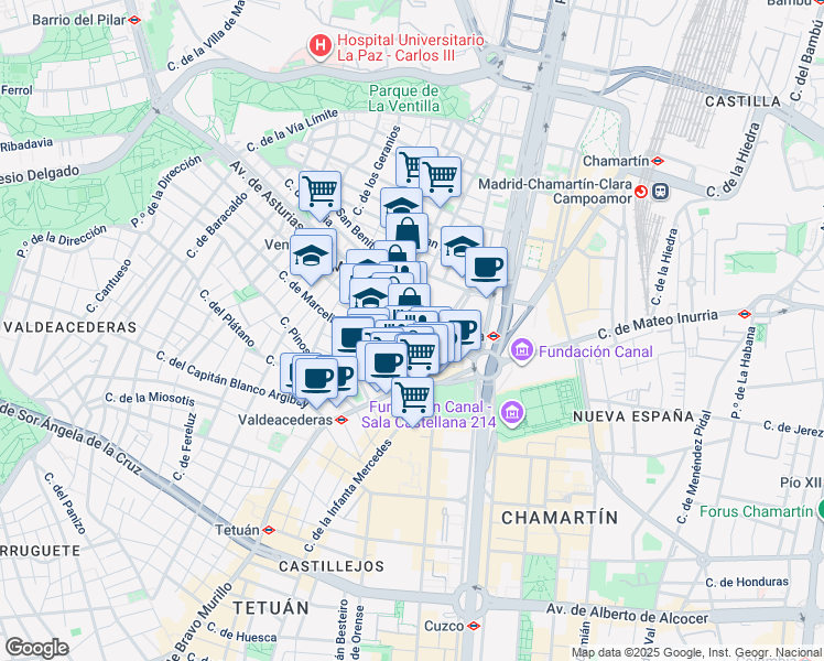 map of restaurants, bars, coffee shops, grocery stores, and more near 1 Calle Antonio González Echarte in Madrid