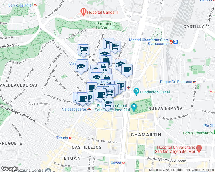 map of restaurants, bars, coffee shops, grocery stores, and more near 1 Calle Antonio González Echarte in Madrid