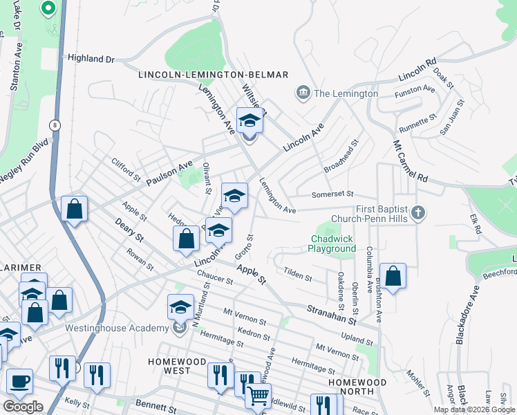 map of restaurants, bars, coffee shops, grocery stores, and more near 1326 Grotto Street in Pittsburgh