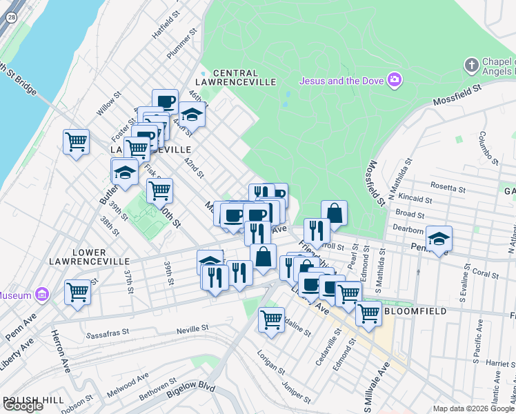 map of restaurants, bars, coffee shops, grocery stores, and more near 4227 Keller Street in Pittsburgh