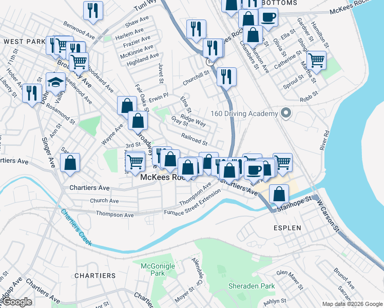 map of restaurants, bars, coffee shops, grocery stores, and more near 801 Frank Street in McKees Rocks