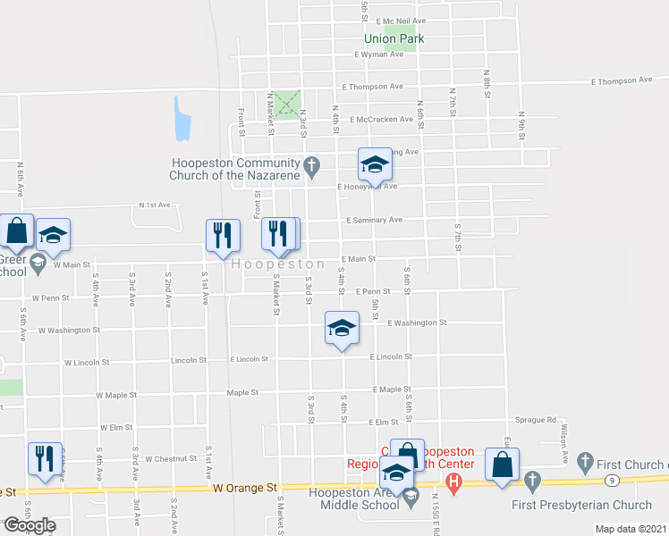 map of restaurants, bars, coffee shops, grocery stores, and more near 427 East Main Street in Hoopeston