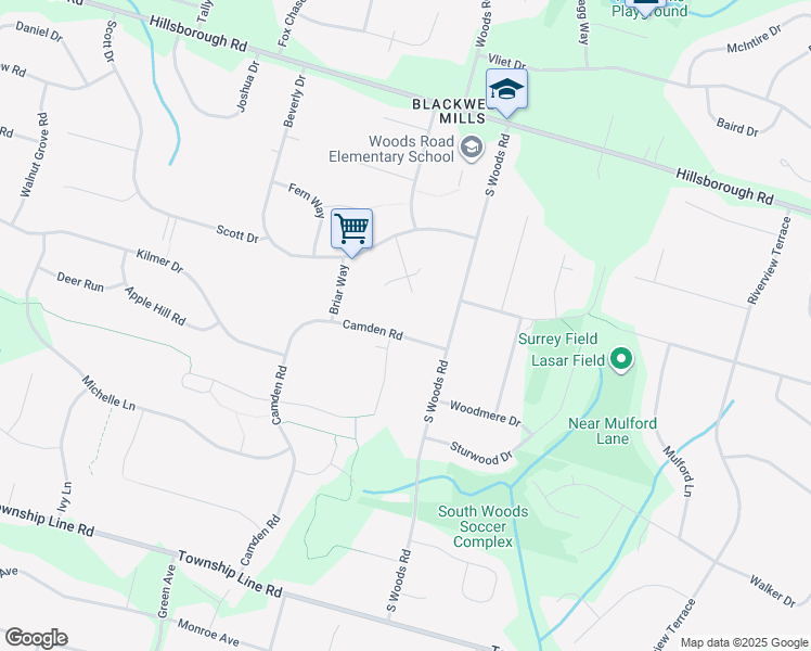 map of restaurants, bars, coffee shops, grocery stores, and more near 8 Camden Road in Hillsborough Township
