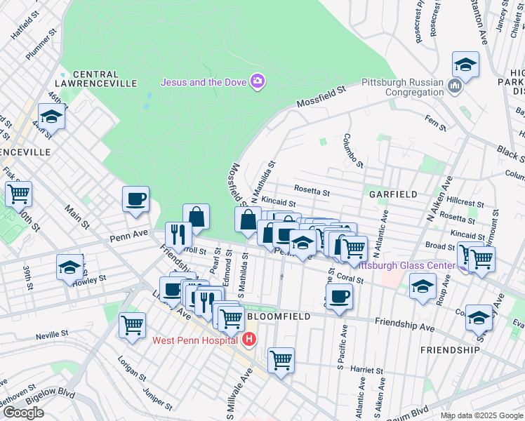 map of restaurants, bars, coffee shops, grocery stores, and more near 4815 Broad Street in Pittsburgh