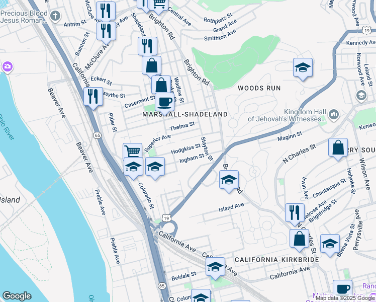 map of restaurants, bars, coffee shops, grocery stores, and more near 1237 Hodgkiss Street in Pittsburgh
