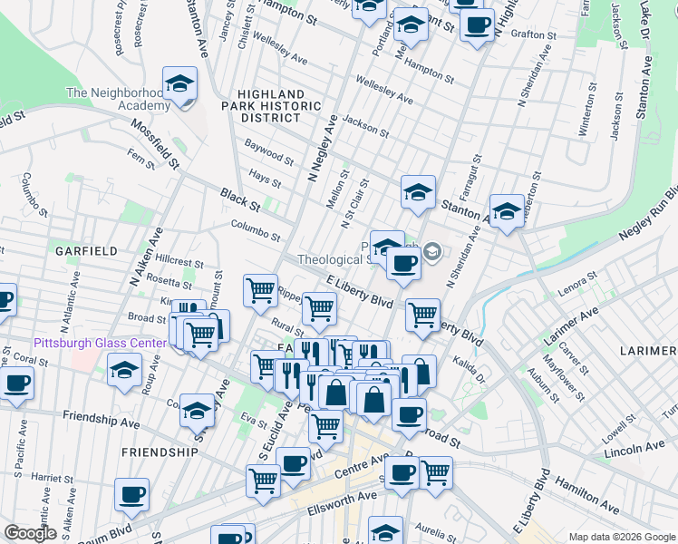 map of restaurants, bars, coffee shops, grocery stores, and more near 5707 East Liberty Boulevard in Pittsburgh