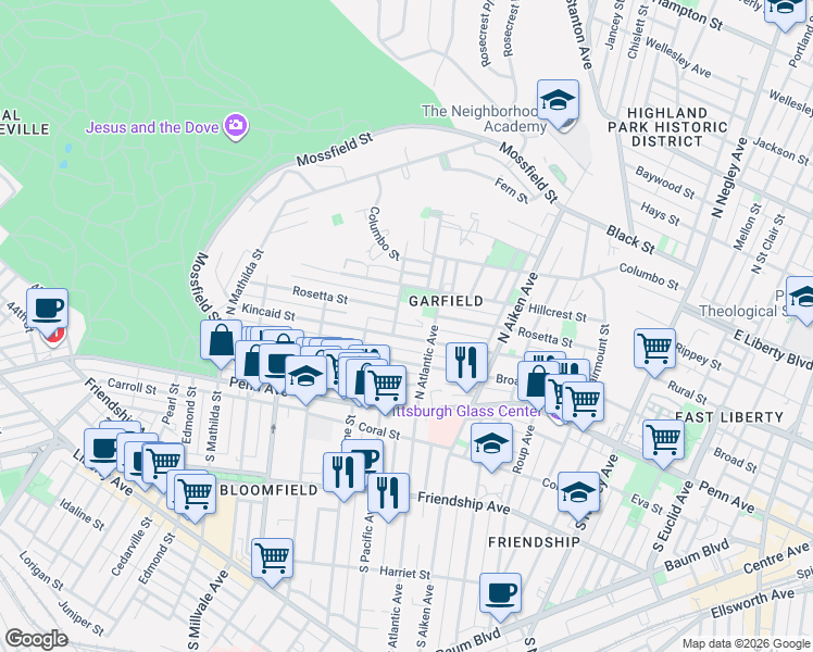 map of restaurants, bars, coffee shops, grocery stores, and more near 5181 Kincaid Street in Pittsburgh