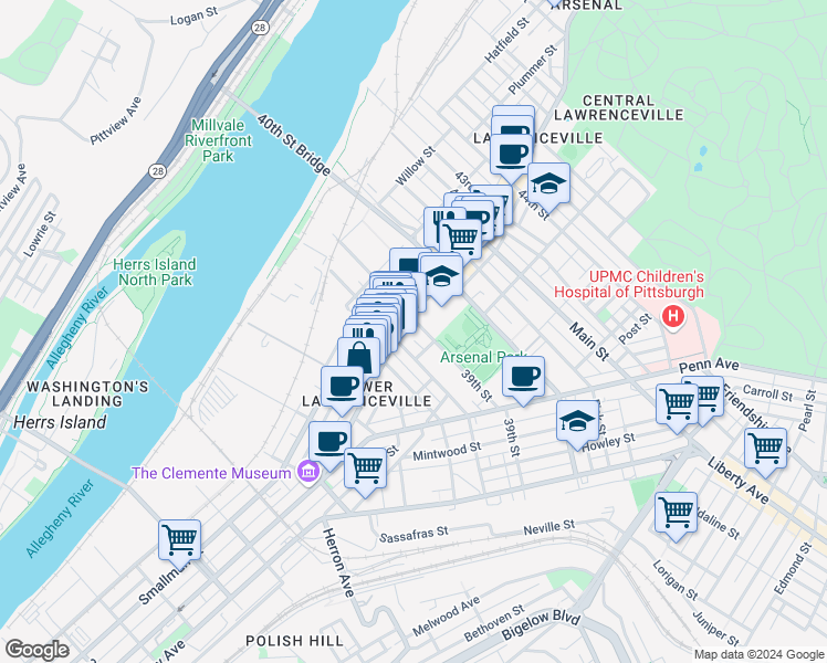 map of restaurants, bars, coffee shops, grocery stores, and more near 3816 Butler Street in Pittsburgh