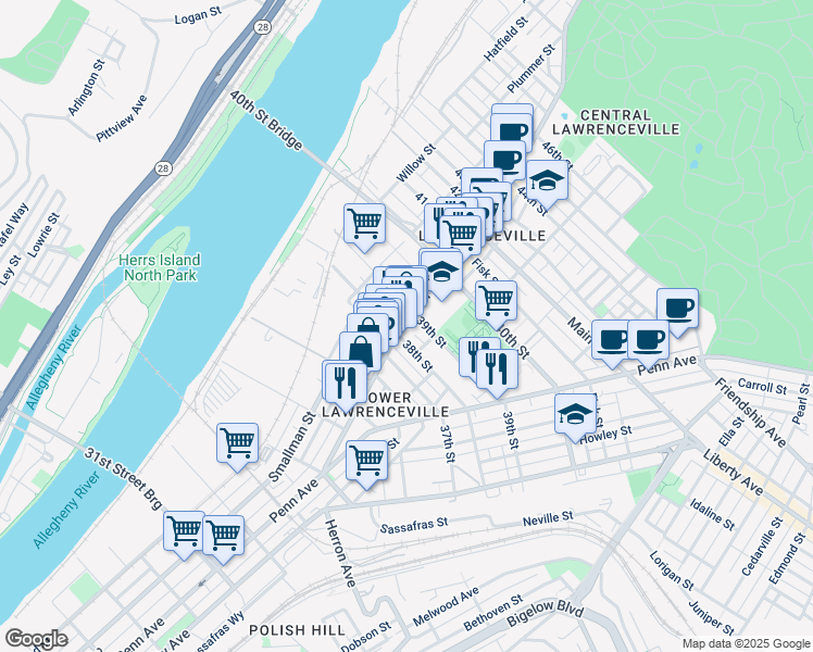 map of restaurants, bars, coffee shops, grocery stores, and more near 3816 Butler Street in Pittsburgh