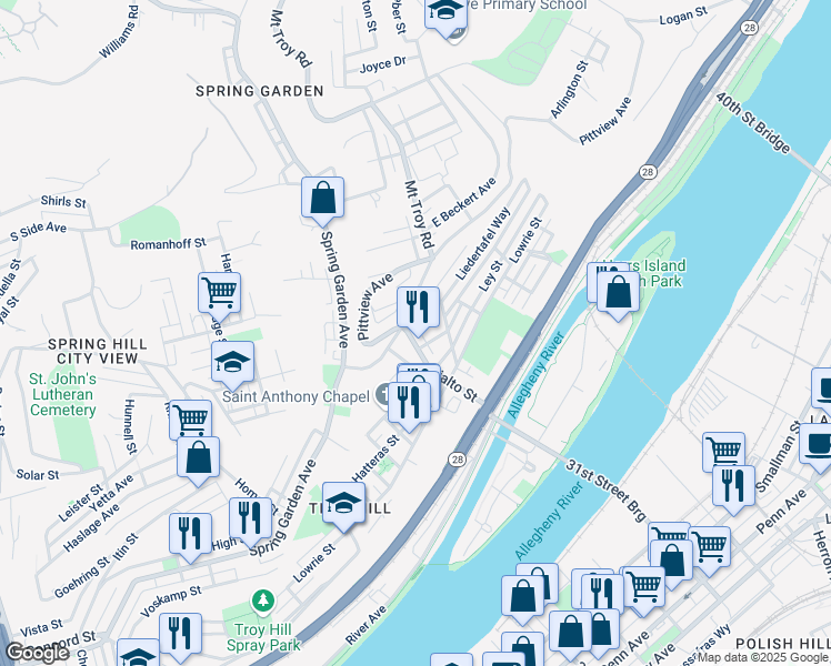 map of restaurants, bars, coffee shops, grocery stores, and more near 1827 Rialto Street in Pittsburgh
