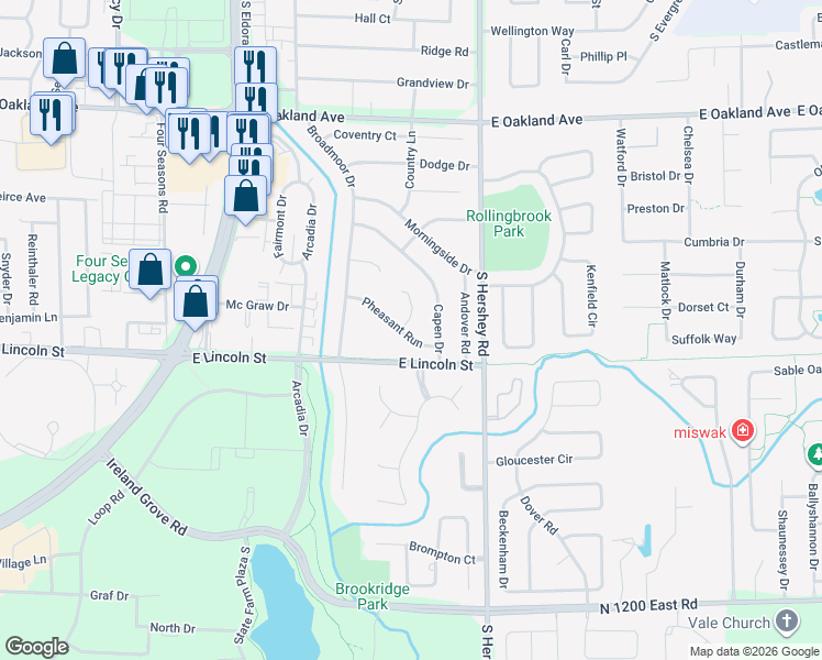 map of restaurants, bars, coffee shops, grocery stores, and more near 2904 Pheasant Run in Bloomington
