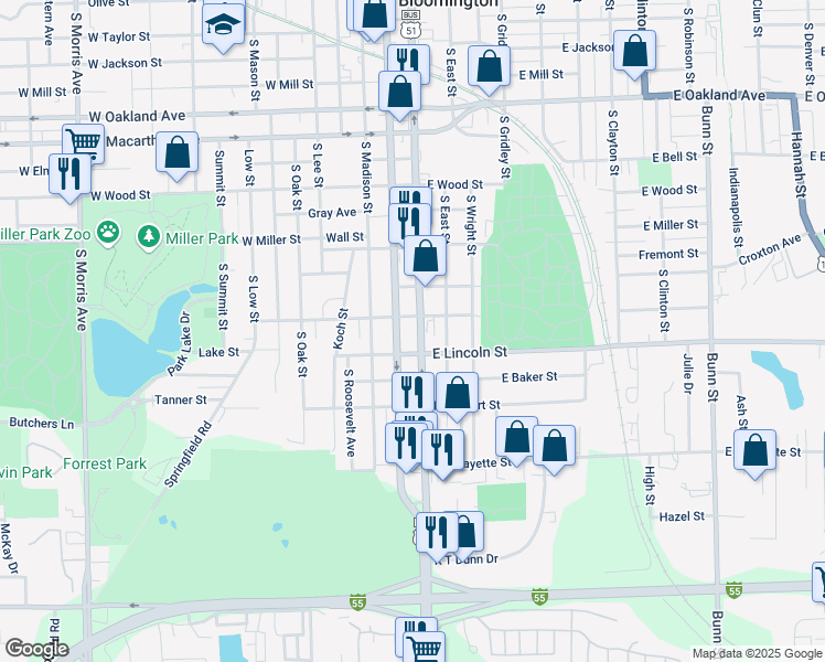 map of restaurants, bars, coffee shops, grocery stores, and more near 1307 South Main Street in Bloomington