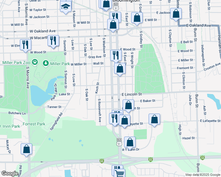map of restaurants, bars, coffee shops, grocery stores, and more near 1307 South Madison Street in Bloomington