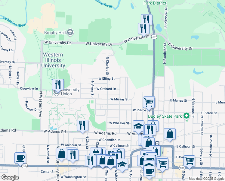 map of restaurants, bars, coffee shops, grocery stores, and more near 427 West Orchard Drive in Macomb