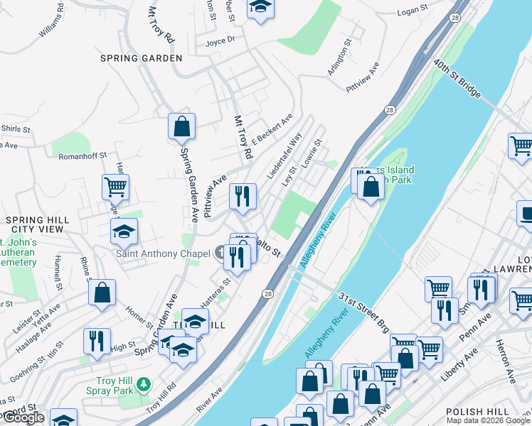 map of restaurants, bars, coffee shops, grocery stores, and more near 1921 Tours Street in Pittsburgh