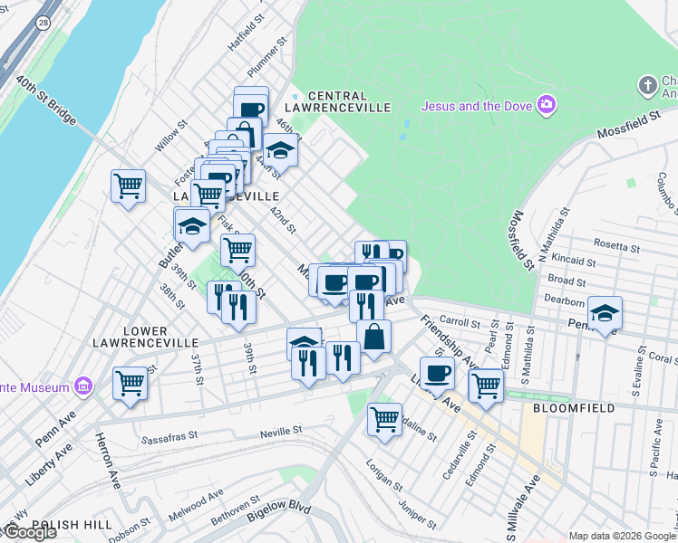 map of restaurants, bars, coffee shops, grocery stores, and more near 4206 Geneva Street in Pittsburgh