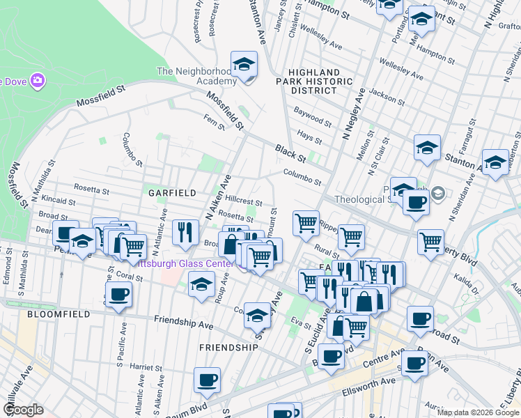 map of restaurants, bars, coffee shops, grocery stores, and more near 5468 Hillcrest St in Pittsburgh