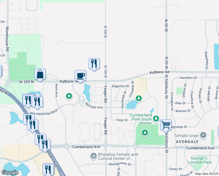 map of restaurants, bars, coffee shops, grocery stores, and more near 3365 Edgerton Street in West Lafayette