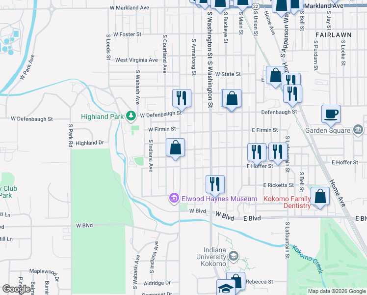 map of restaurants, bars, coffee shops, grocery stores, and more near 1622 South Webster Street in Kokomo