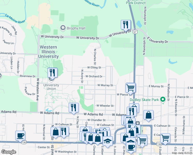 map of restaurants, bars, coffee shops, grocery stores, and more near 733 North Charles Street in Macomb