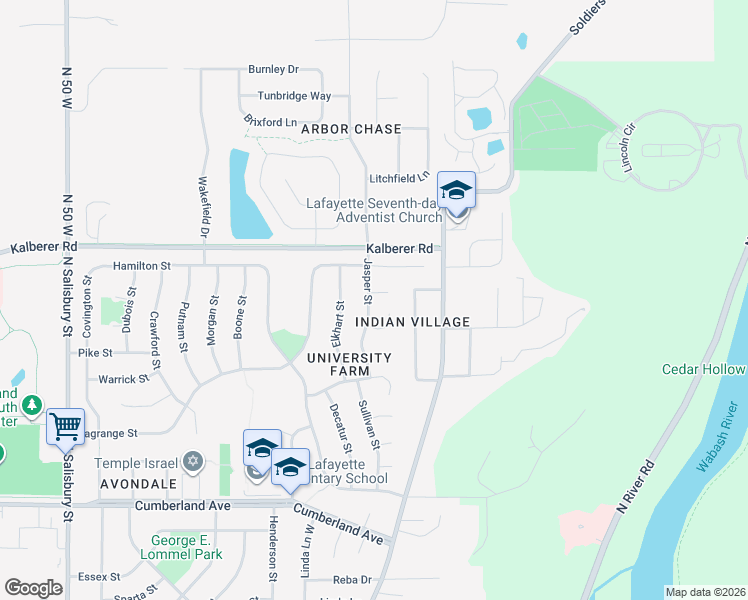 map of restaurants, bars, coffee shops, grocery stores, and more near 3312 Jasper Street in West Lafayette