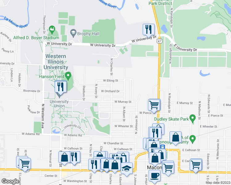 map of restaurants, bars, coffee shops, grocery stores, and more near 433 West Orchard Drive in Macomb