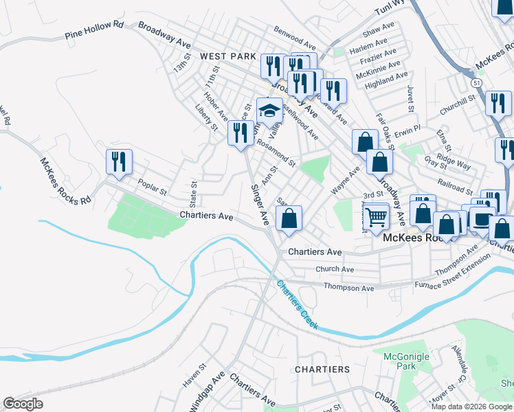 map of restaurants, bars, coffee shops, grocery stores, and more near 205 Singer Avenue in McKees Rocks