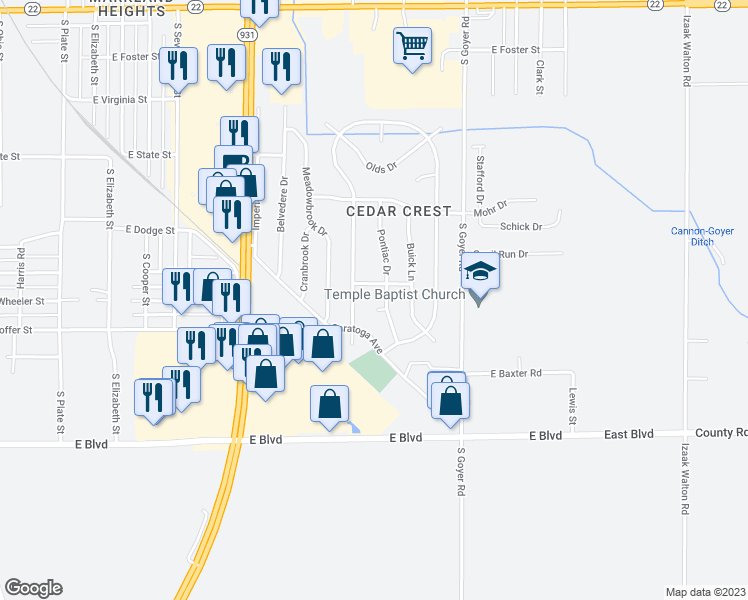 map of restaurants, bars, coffee shops, grocery stores, and more near 2004 Pontiac Court in Kokomo