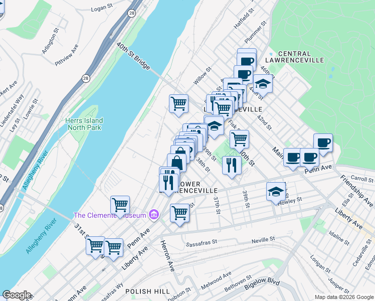map of restaurants, bars, coffee shops, grocery stores, and more near 188 38th Street in Pittsburgh