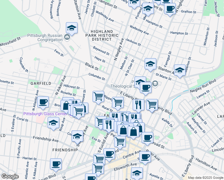 map of restaurants, bars, coffee shops, grocery stores, and more near 5684 East Liberty Boulevard in Pittsburgh