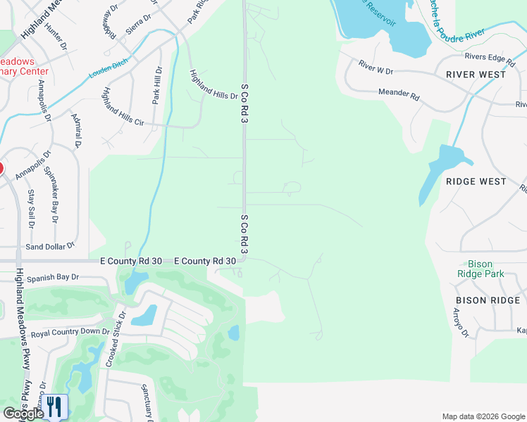 map of restaurants, bars, coffee shops, grocery stores, and more near 8409 South Co Road 3 in Fort Collins