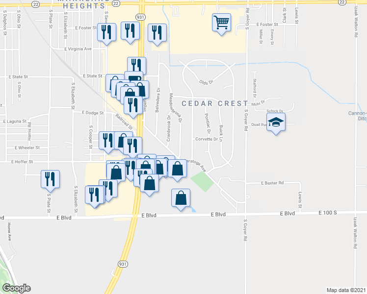 map of restaurants, bars, coffee shops, grocery stores, and more near 1616 Meadowbrook Drive in Kokomo