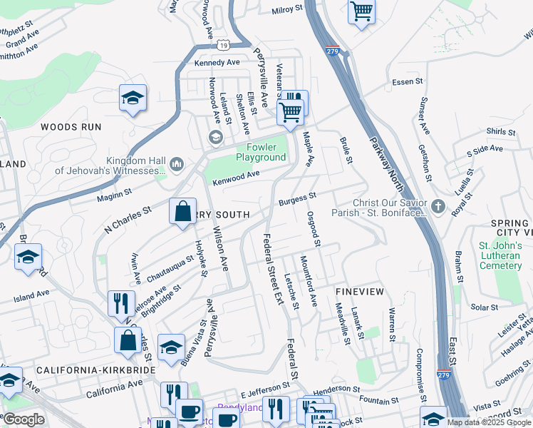 map of restaurants, bars, coffee shops, grocery stores, and more near 2341 Perrysville Avenue in Pittsburgh